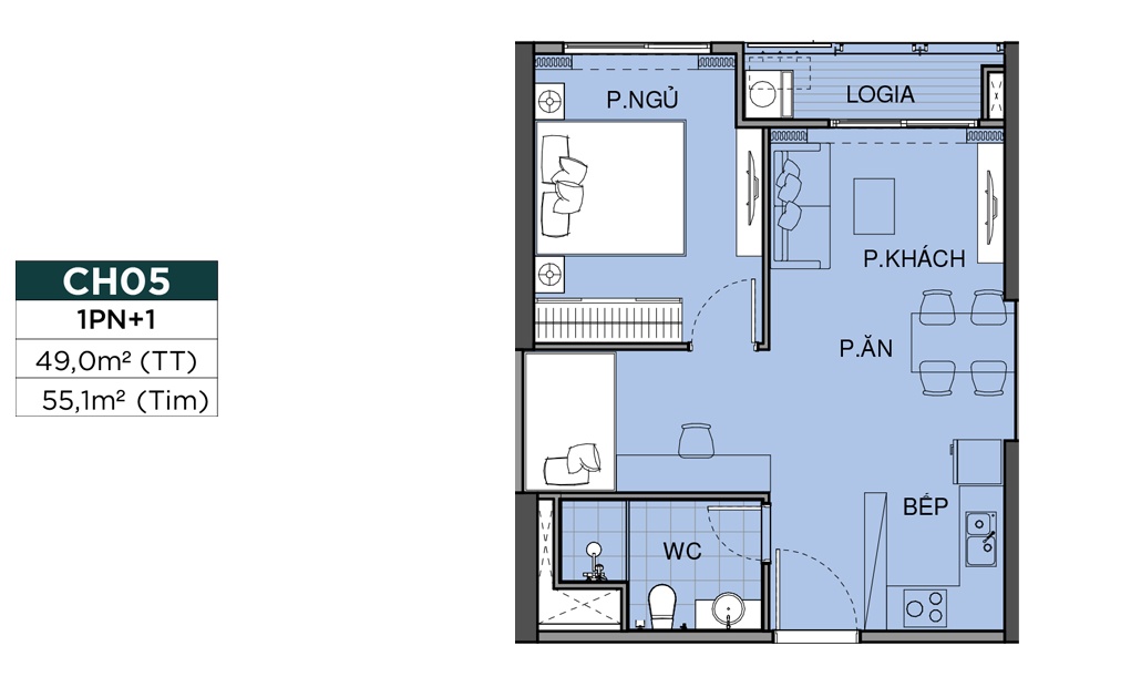 layout căn hộ 1pn+ The Beverly