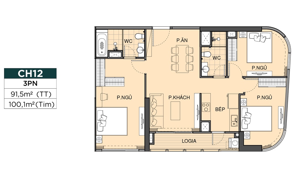 layout căn hộ 2pn The Beverly