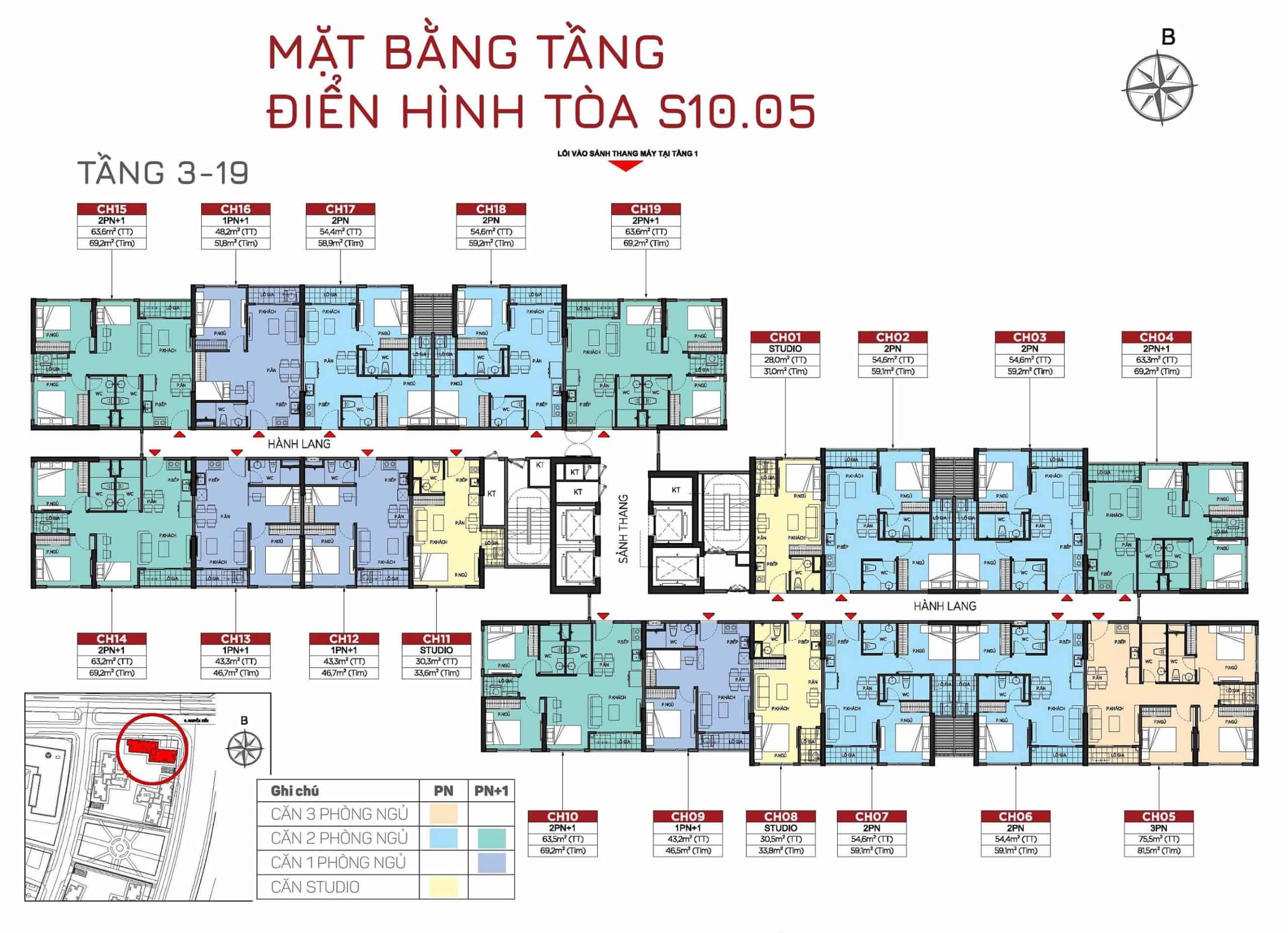 layout tòa s1005 tầng 3-19