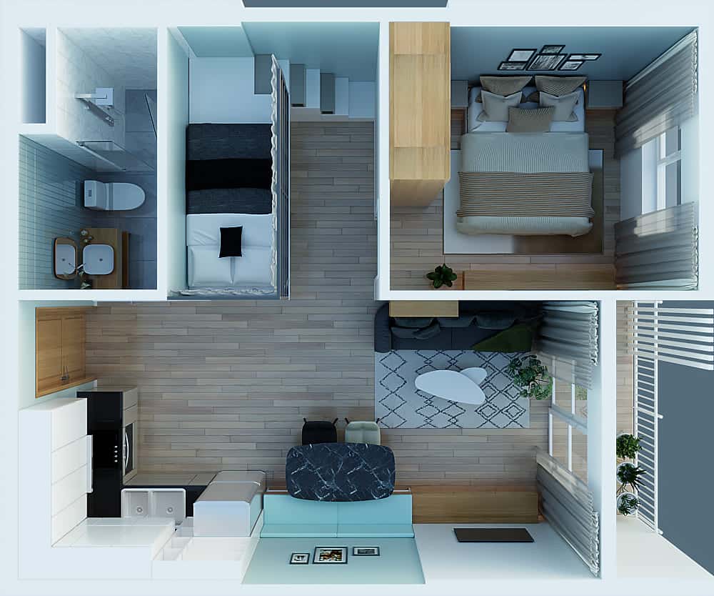 thiết kế căn hộ 1 phòng ngủ